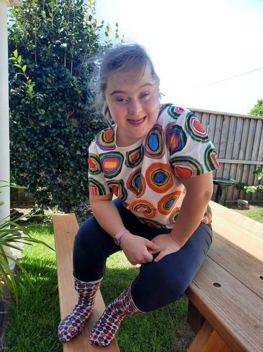 Molly wearing her Aura design and Aura socks